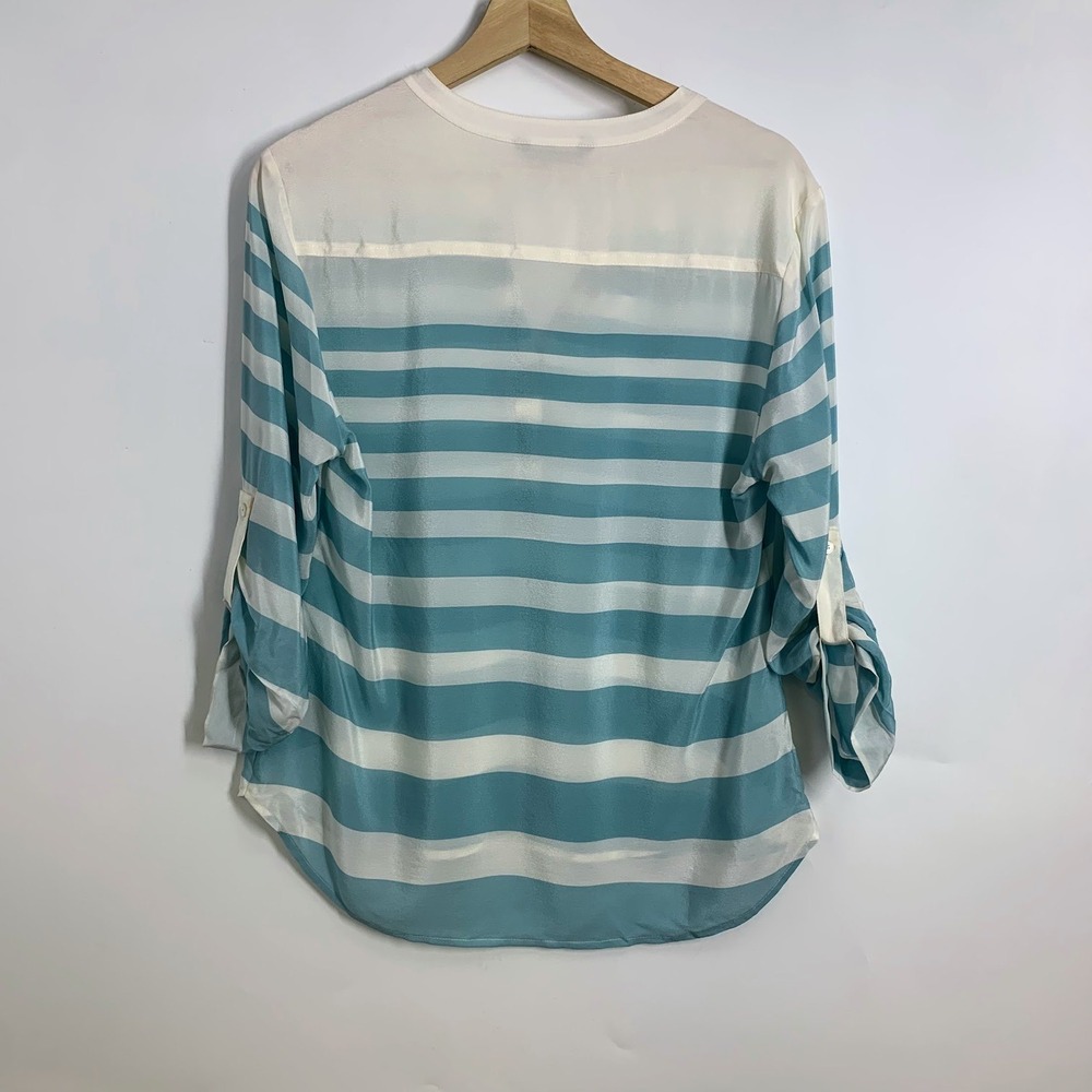 Tommy Bahama 100% Silk Striped V Neck Roll Tab Sleeve Tunic Top Women Size S - Picture 2 of 15
